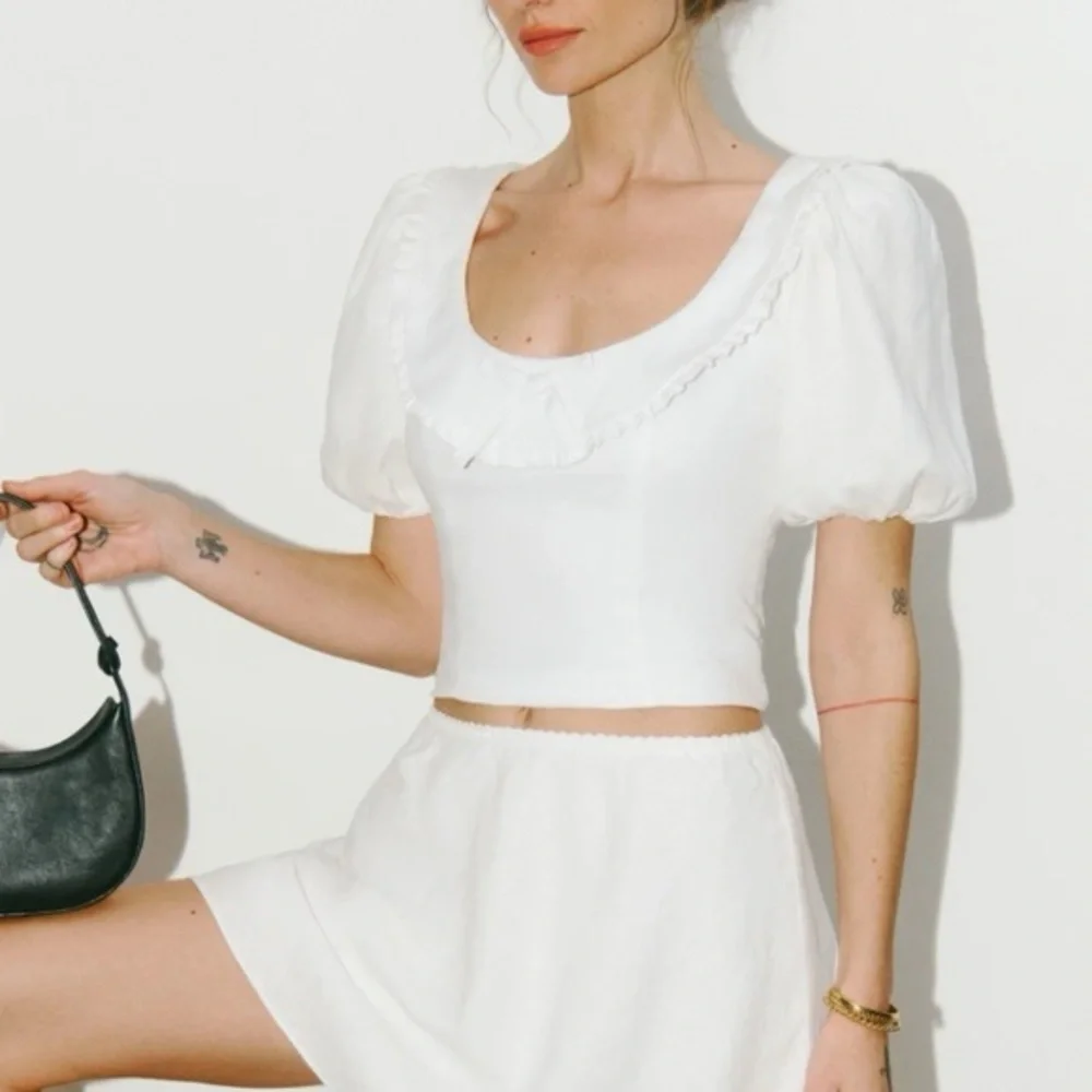 Reformation White Ruffled Scoop-Neck Puff Sleeve Crop Top